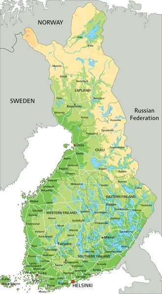 Alto Mapa Físico Detallado Finlandia Con Etiquetado — Archivo Imágenes Vectoriales