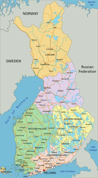 Finlandia Bardzo Szczegółowa Edytowalna Mapa Polityczna Etykietowaniem — Wektor stockowy