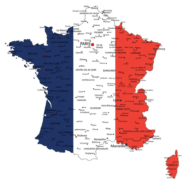 Francia Cartina Politica Molto Dettagliata Con Bandiera Nazionale — Vettoriale Stock