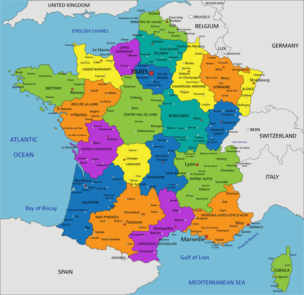 Colorful France political map with clearly labeled, separated layers. Vector illustration.