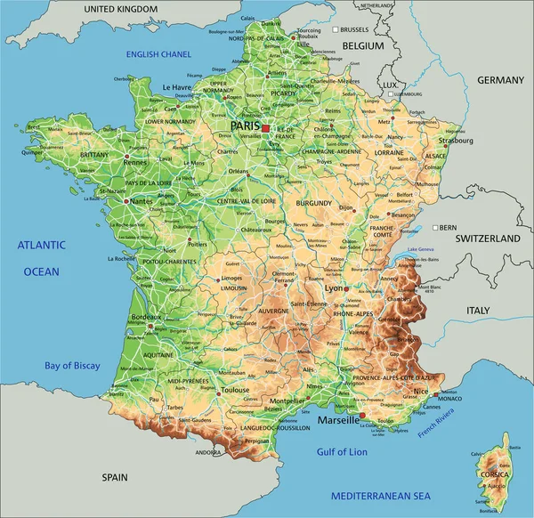 ラベル付きの高詳細フランス物理地図 — ストックベクタ