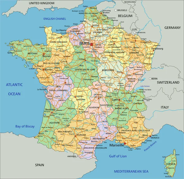 フランス ラベル付きの非常に詳細な編集可能な政治地図 — ストックベクタ