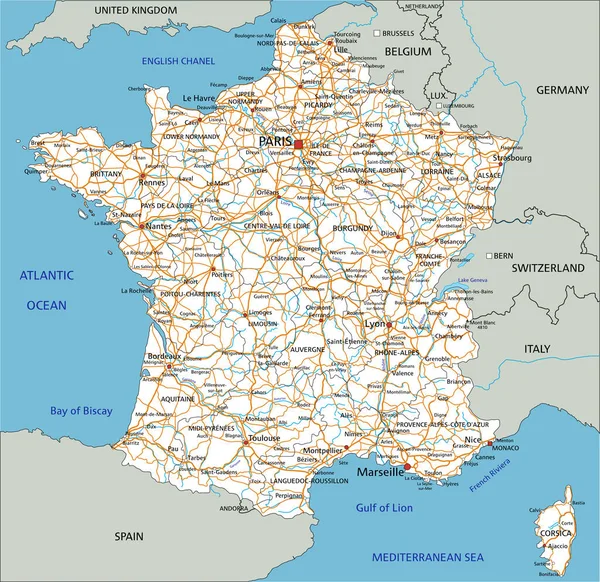 Mapa Ruta Detallado Francia Con Etiquetado — Archivo Imágenes Vectoriales
