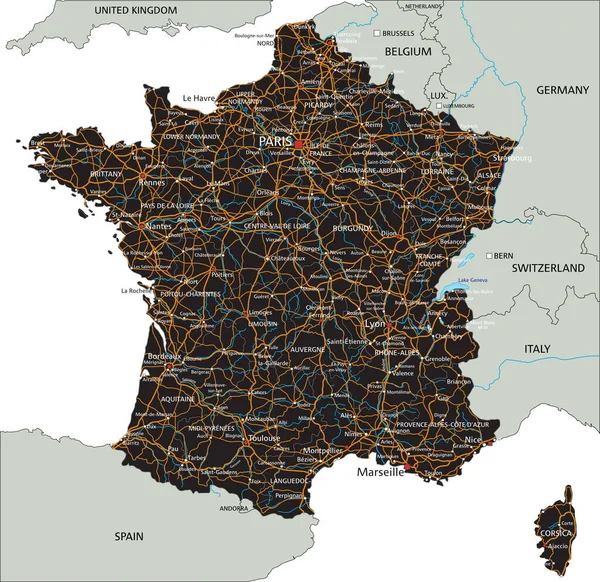 Hochdetaillierte Frankreich Roadmap Mit Beschriftung — Stockvektor