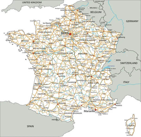 Mapa Ruta Detallado Francia Con Etiquetado — Archivo Imágenes Vectoriales