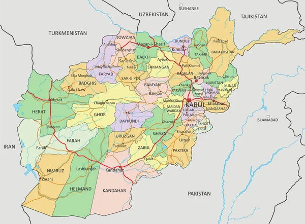 阿富汗 附有标签的高度详细的可编辑政治地图 — 图库矢量图片