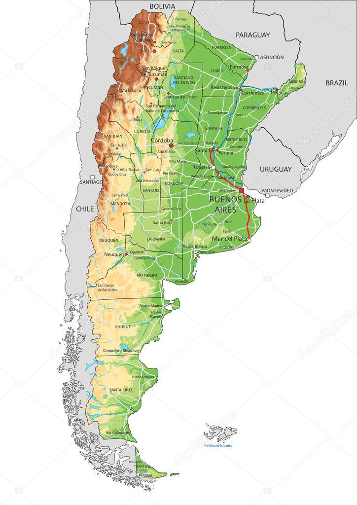 Highly detailed Argentina physical map with labeling.