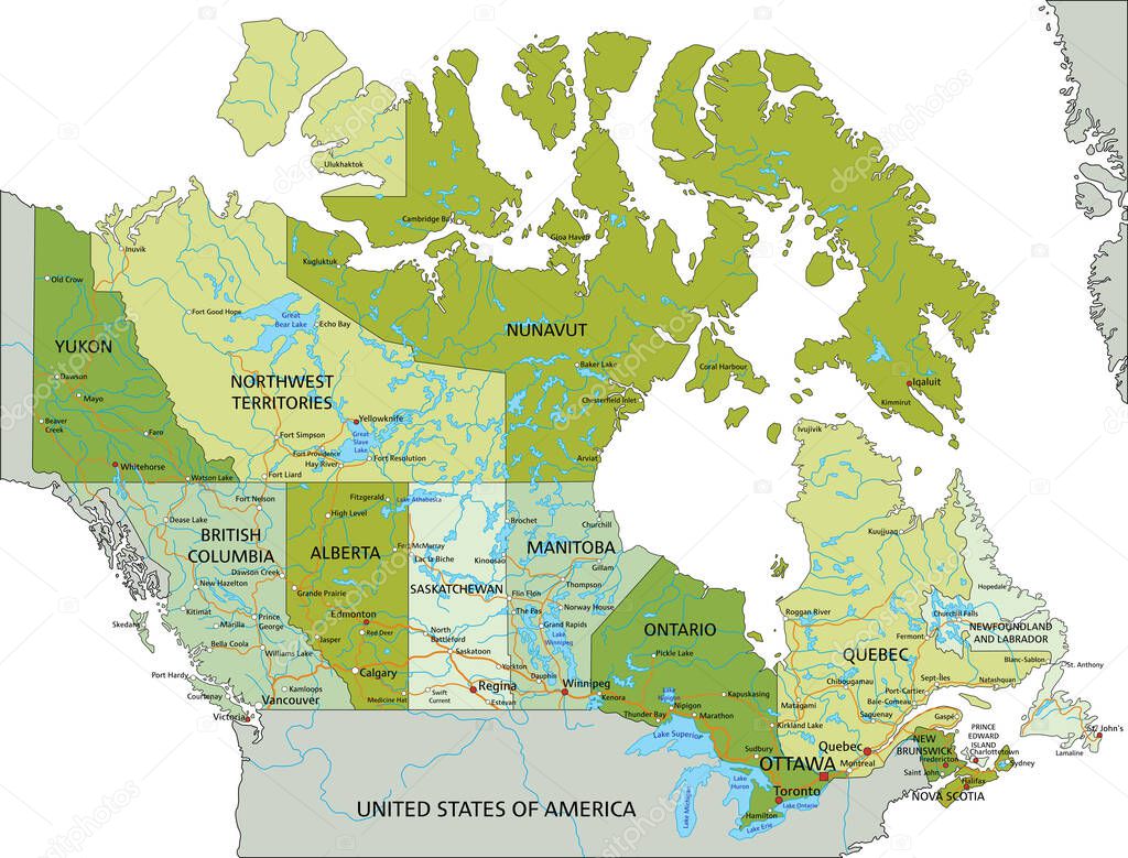 Highly detailed editable political map with separated layers. Canada.