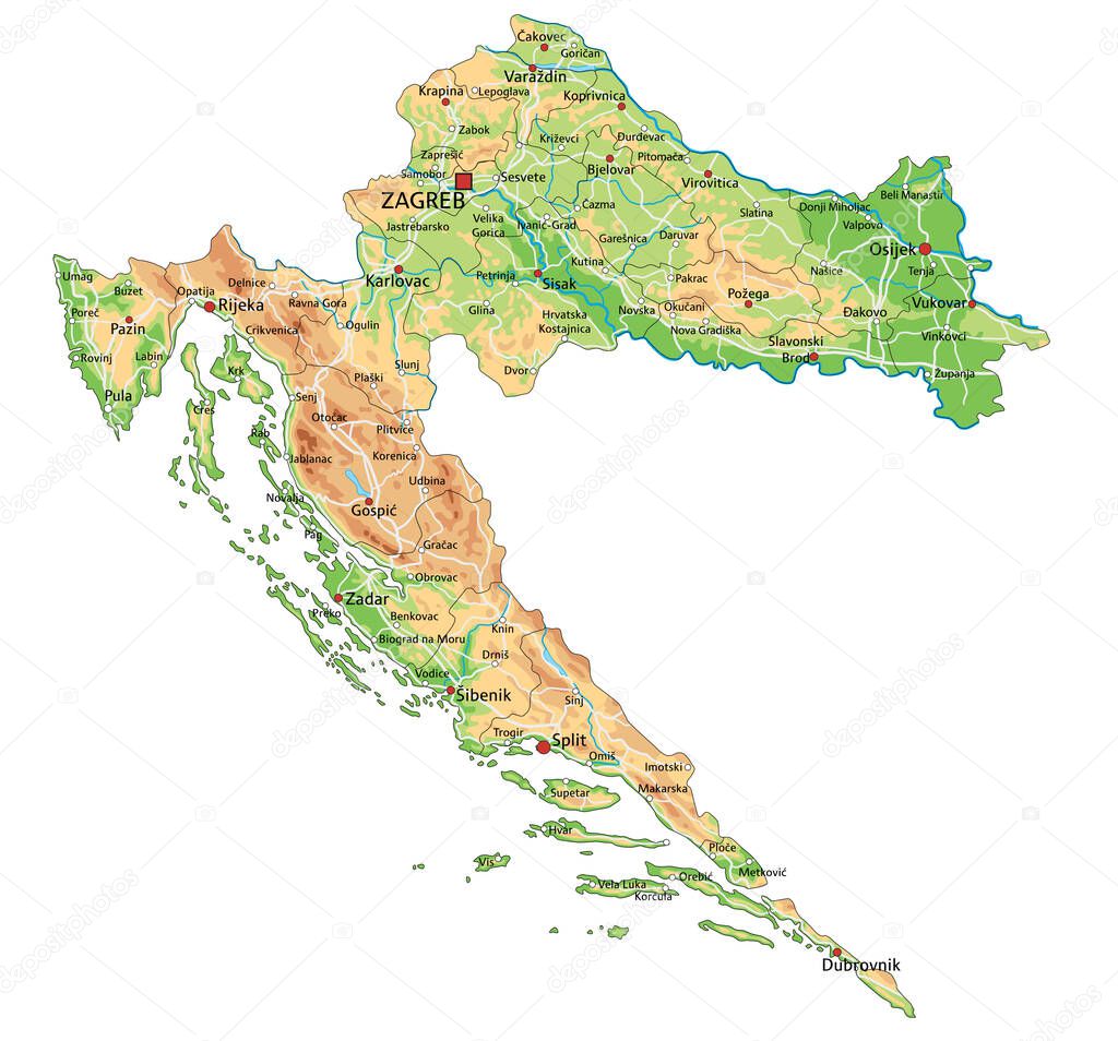High detailed Croatia physical map with labeling.