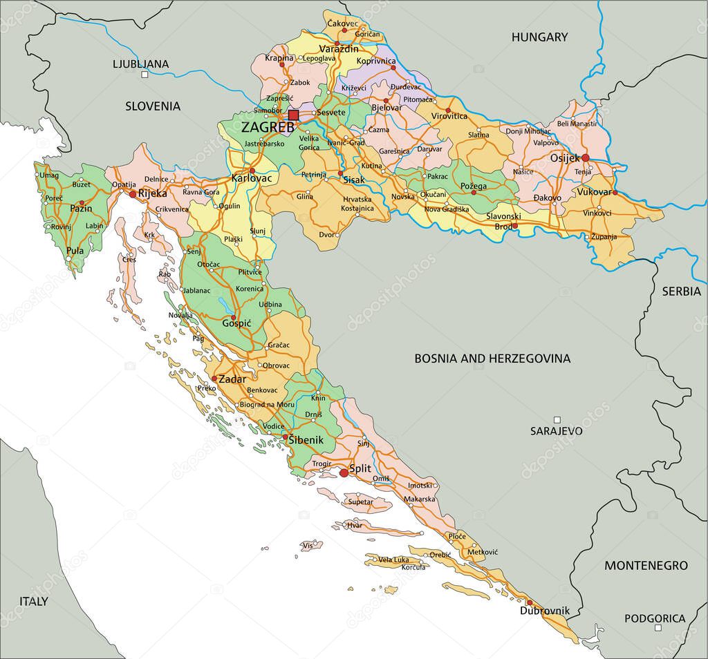 Croatia - Highly detailed editable political map with labeling.