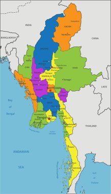 Renkli Myanmar siyasi haritası açık bir şekilde etiketlenmiş, ayrılmış katmanlarla. Vektör illüstrasyonu.