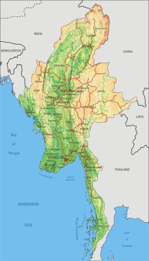Etiketleme ile yüksek detaylı Myanmar fiziksel haritası.