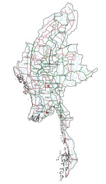 Myanmar yolu ve otoyol haritası. Vektör illüstrasyonu.