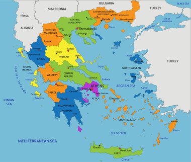 Açık bir şekilde etiketlenmiş ve ayrılmış katmanları olan renkli Yunanistan siyasi haritası. Vektör illüstrasyonu.