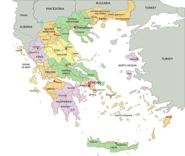 Yunanistan - Etiketli son derece ayrıntılı düzenlenebilir siyasi harita.