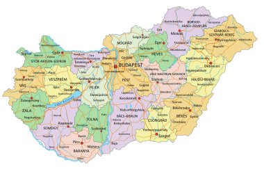 Macaristan - Etiketli son derece ayrıntılı düzenlenebilir siyasi harita.