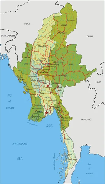 Carte Politique Modifiable Très Détaillée Avec Des Couches Séparées Myanmar — Image vectorielle