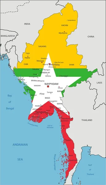 Myanmarská Vysoce Podrobná Politická Mapa Národní Vlajkou Izolovanou Bílém Pozadí — Stockový vektor