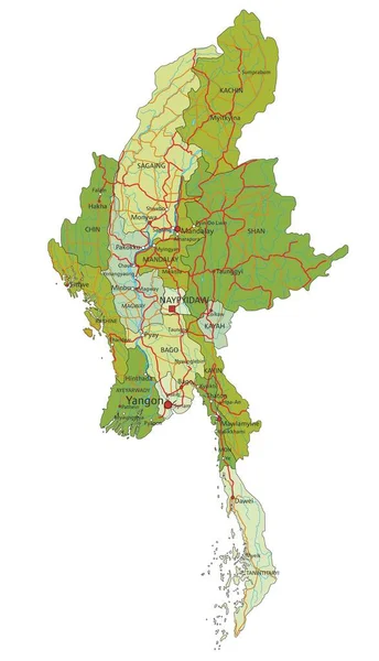 Vysoce Podrobná Upravitelná Politická Mapa Oddělenými Vrstvami Myanmar — Stockový vektor