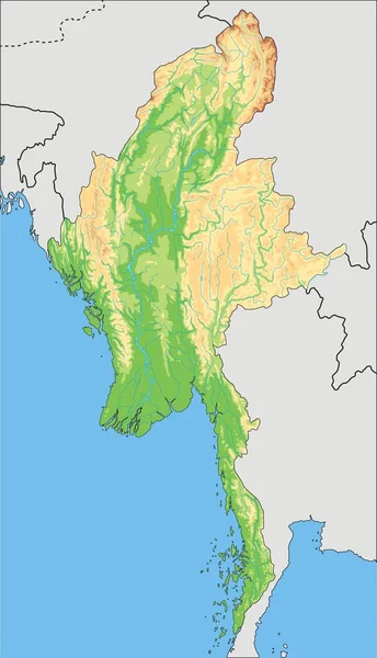 Velmi Podrobná Myanmarská Fyzická Mapa — Stockový vektor
