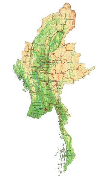 ラベル付きの非常に詳細なミャンマー物理的な地図 — ストックベクタ