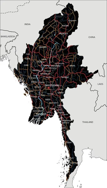 ラベル付きの高詳細ミャンマー道路地図 — ストックベクタ