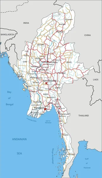 Дорожная Карта Мьянмы Маркировкой — стоковый вектор