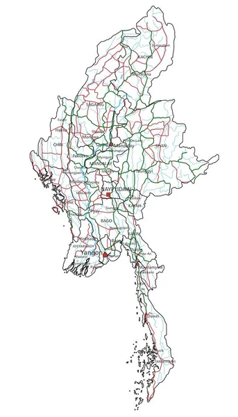 ミャンマーの道路や高速道路の地図 ベクターイラスト — ストックベクタ
