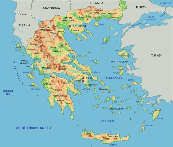 ラベル付きの高詳細なギリシャの物理地図 — ストックベクタ