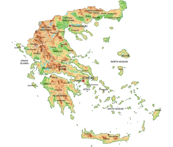 Wysoka Szczegółowa Mapa Fizyczna Grecji Etykietowaniem — Wektor stockowy
