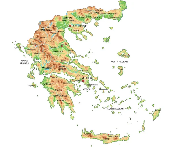 Hoge Gedetailleerde Griekse Fysieke Kaart Met Etikettering — Stockvector