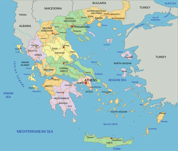 Grecia Mappa Politica Altamente Dettagliata Modificabile Con Etichettatura — Vettoriale Stock