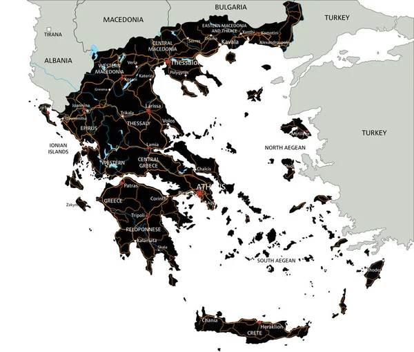 Hoja Ruta Grecia Detallada Con Etiquetado — Vector de stock