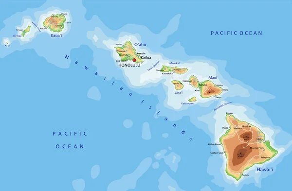Mapa Físico Altamente Detalhado Havaí Com Rotulagem — Vetor de Stock