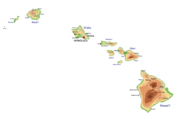 Hoge Gedetailleerde Hawaii Fysieke Kaart Met Opschriften — Stockvector