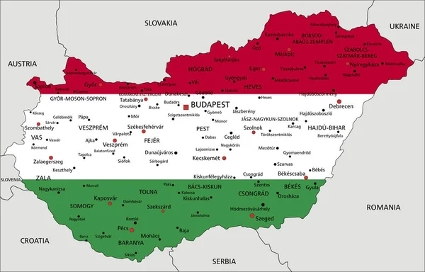 匈牙利有国旗的高度详细的政治地图 — 图库矢量图片