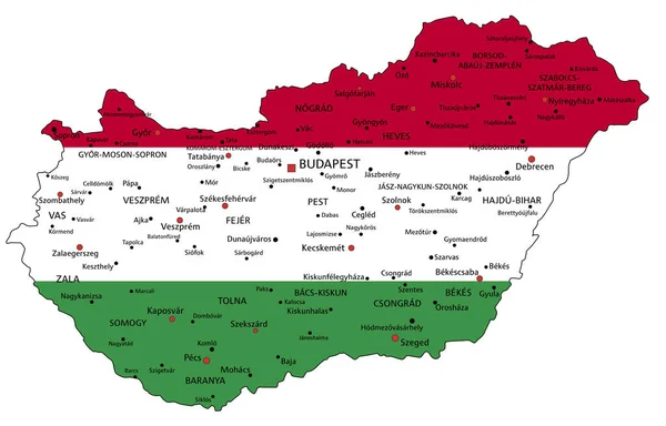 Hungría Mapa Político Muy Detallado Con Bandera Nacional Aislada Sobre — Vector de stock