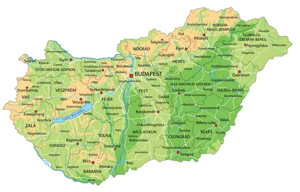 Mapa Físico Hungria Detalhado Com Rotulagem — Vetor de Stock