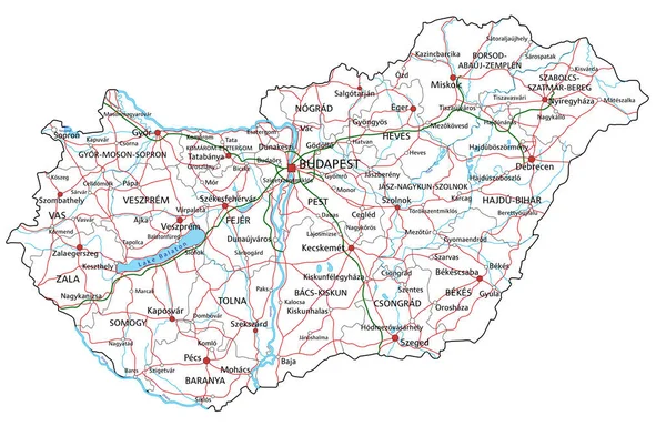 ハンガリーの道路や高速道路の地図 ベクターイラスト — ストックベクタ