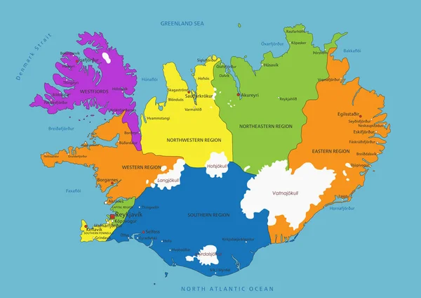 Färgglad Island Politisk Karta Med Tydligt Märkta Separerade Lager Vektorillustration — Stock vektor