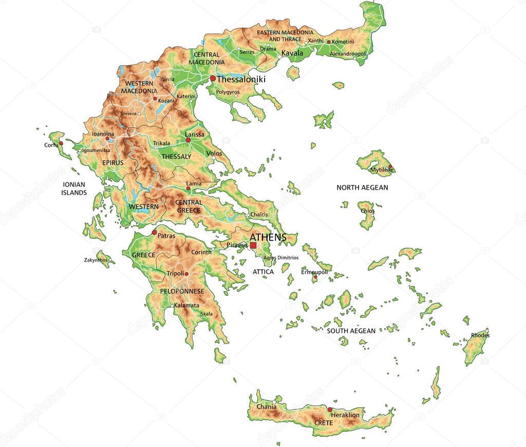 High detailed Greece physical map with labeling.