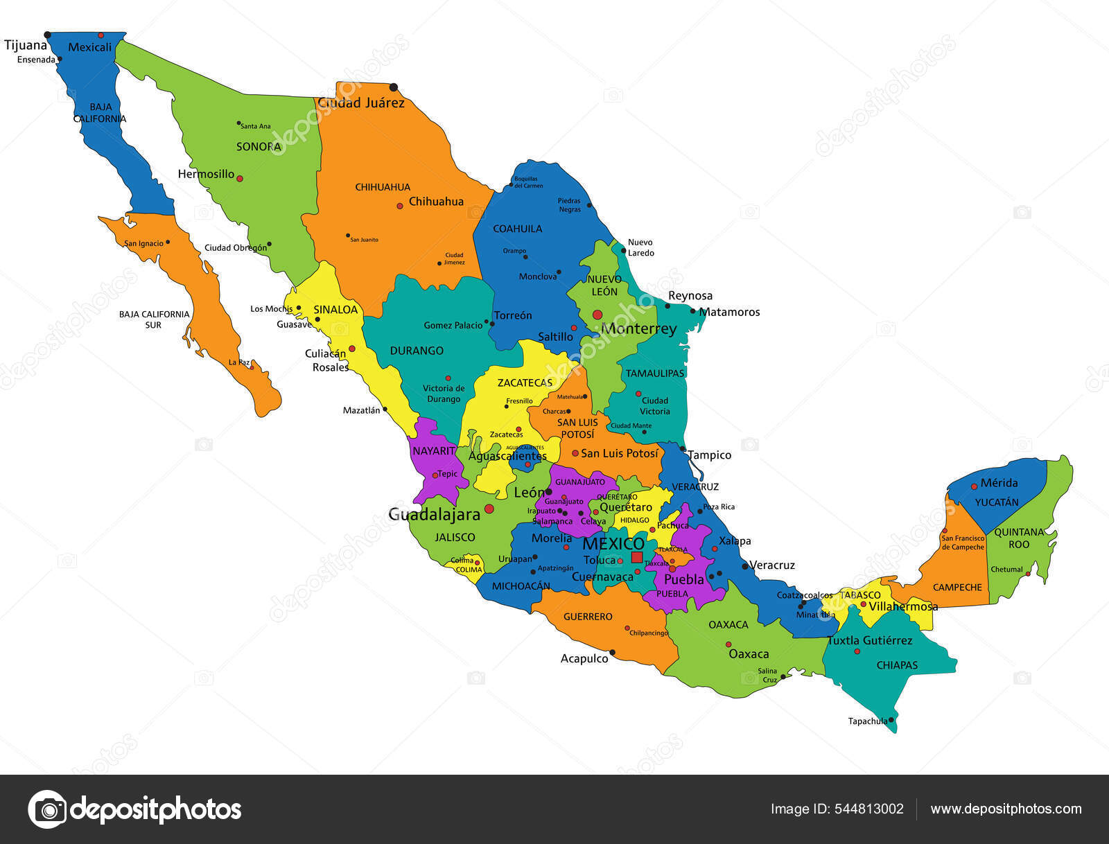 Colorido Mapa Político México Con Capas Claramente Etiquetadas Separadas Ilustración Vector de