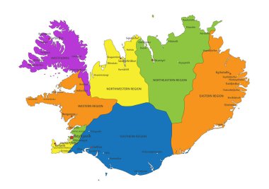 Renkli İzlanda siyasi haritası açık bir şekilde etiketlenmiş, ayrı katmanlarla ayrılmış. Vektör illüstrasyonu.