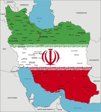 Beyaz arka planda ulusal bayrak bulunan İran 'ın son derece ayrıntılı siyasi haritası.
