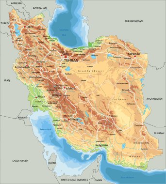 High detailed Iran physical map with labeling. clipart