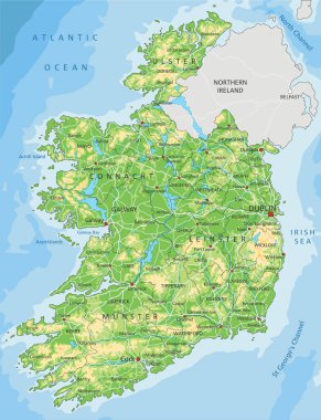 Etiketli yüksek detaylı İrlanda fiziksel haritası.