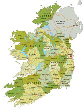 Ayrık katmanlı, son derece detaylı politik harita. İrlanda.