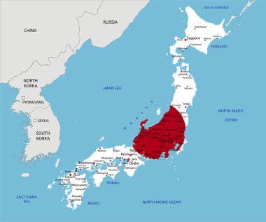 Beyaz arka planda ulusal bayrak bulunan Japonya 'nın son derece ayrıntılı siyasi haritası.
