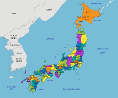 Açık seçik etiketli, ayrık katmanlı renkli Japonya siyasi haritası. Vektör illüstrasyonu.