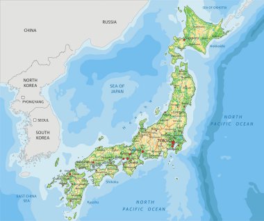 Etiketli yüksek detaylı Japonya fiziksel haritası.